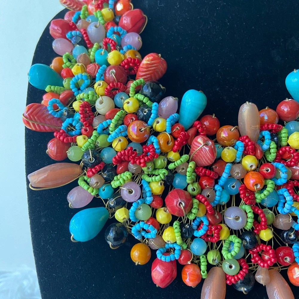 Rainbow Color Beaded Statement Necklace-FIRM PRICE - Picture 2 of 7